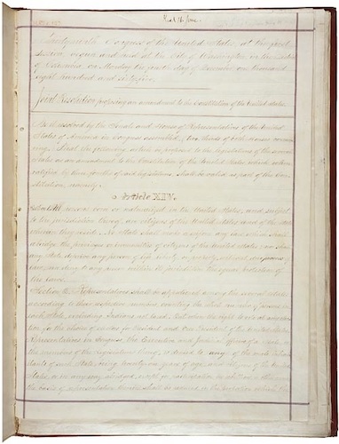 the first page of the house joint resolution proposing the 14th amendment to the u s constitution the u.s. national archives and records administration june 16 1866